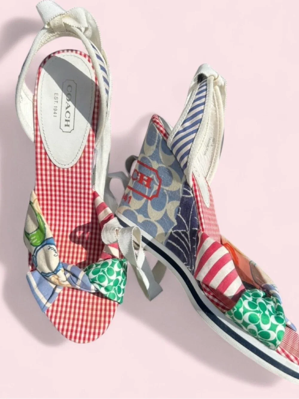 Coach Red Gingham & Multicolor Scarf-Knot Tie-Wrap Wedge Sandals